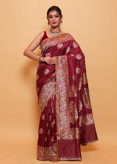 Maroon Katan Silk Saree — Kadwa Bird Boota