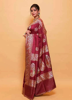Maroon Katan Silk Saree — Kadwa