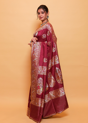 Maroon Katan Silk Saree — Kadwa Bird Boota
