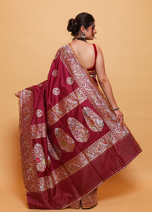 Maroon Katan Silk Saree — Kadwa Bird Boota