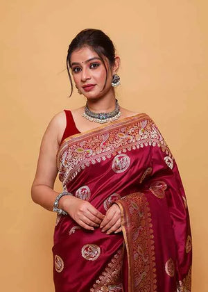 Maroon Katan Silk Saree — Kadwa