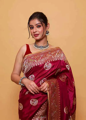 Maroon Katan Silk Saree — Kadwa