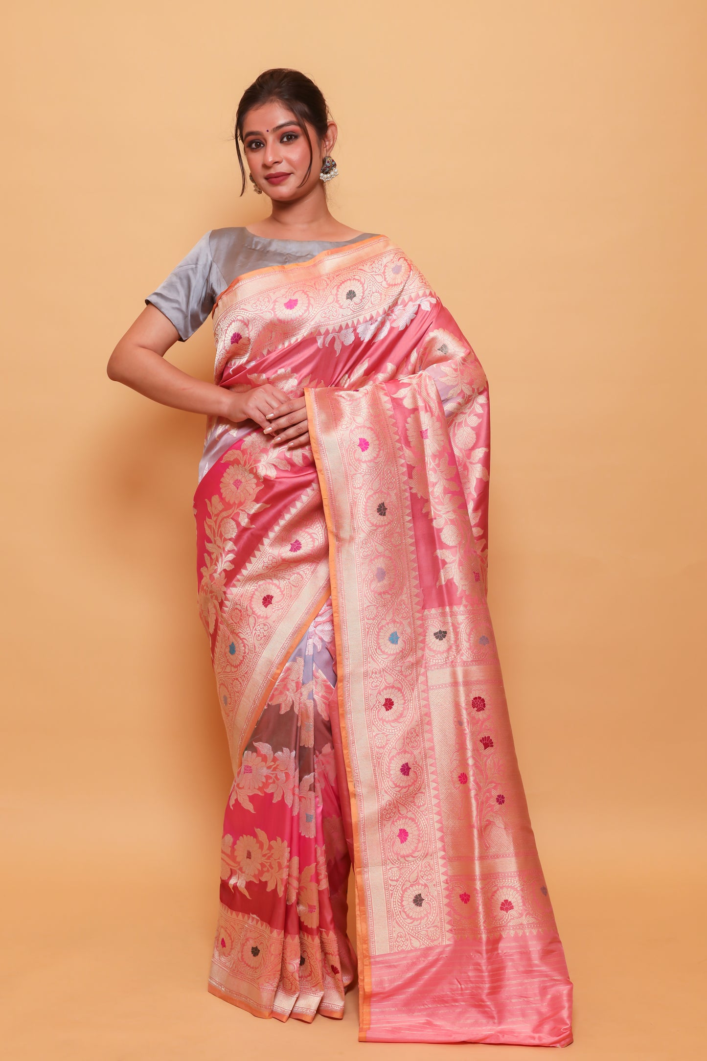 Peach Katan Pure Silk Kadwa Saree - Panaya 