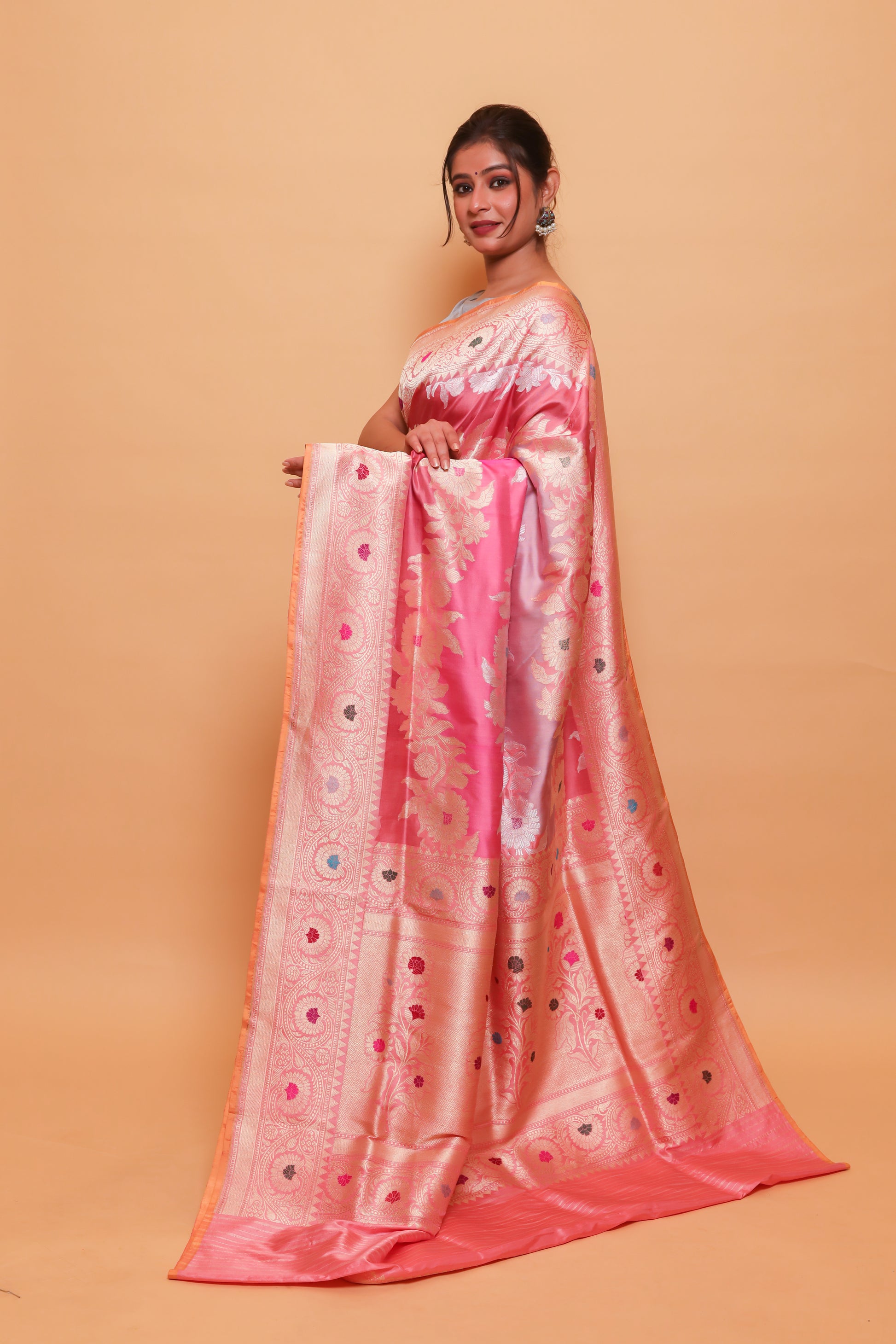 Peach Katan Pure Silk Kadwa Saree