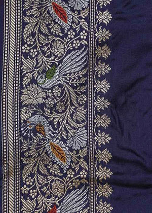 Blue Katan Silk Saree — Kadwa Bird Boota