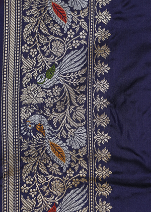 Blue Katan Silk Mulberry Saree — Bird Boota-The panaya