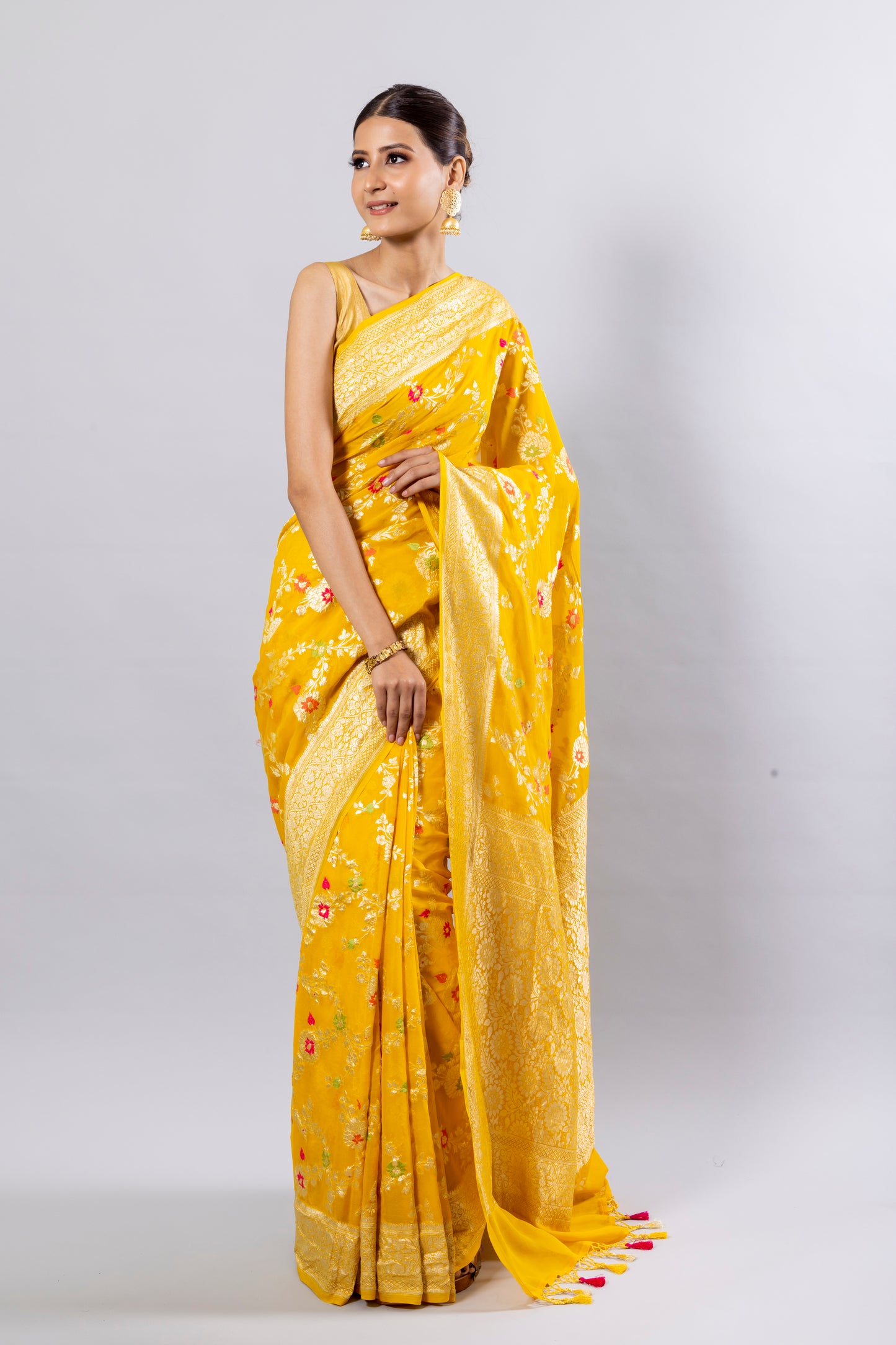 Yellow Georgette Khaddi Pure Silk Saree - Panaya 
