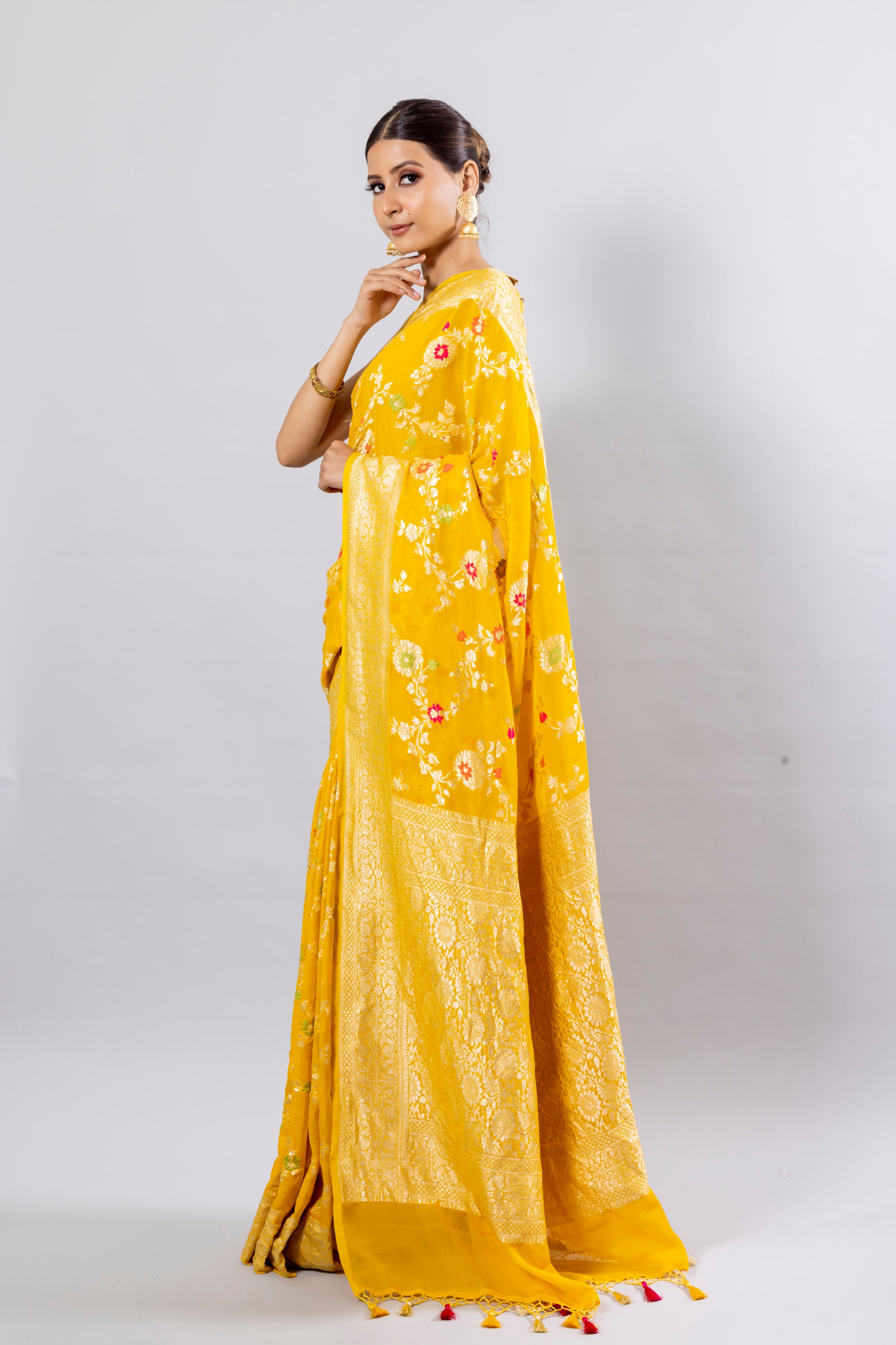 Yellow Georgette Khaddi Pure Silk Saree
