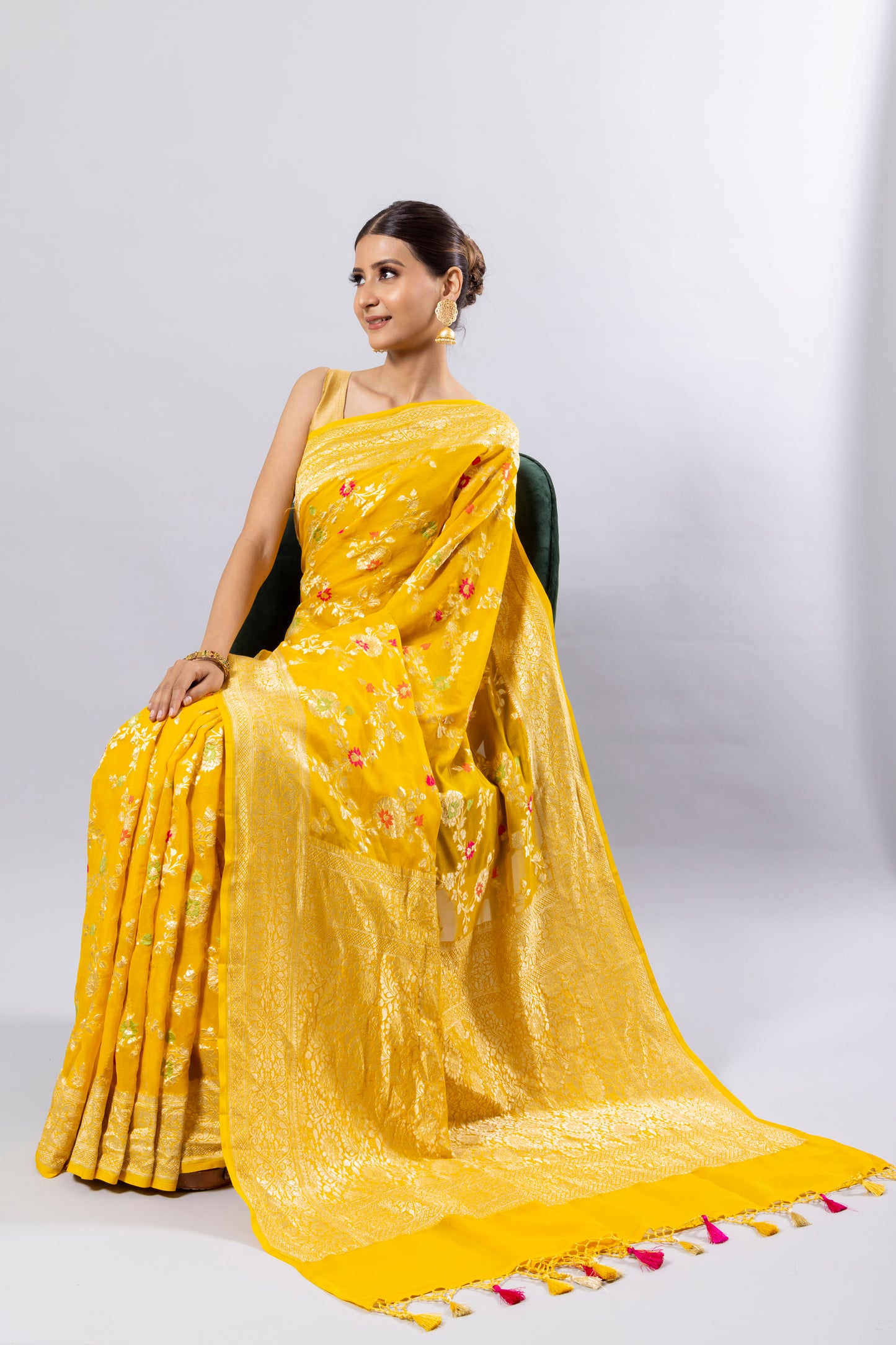 Yellow Georgette Khaddi Pure Silk Saree - Panaya 