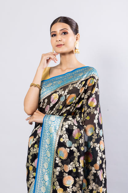 Black Georgette Khaddi Pure Silk Saree - Panaya 