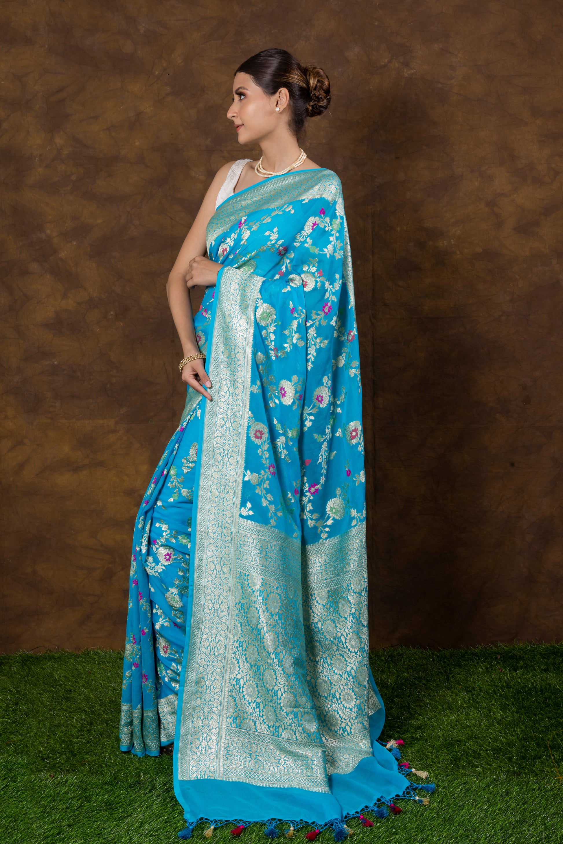 Turquoise Blue Georgette Khaddi Pure Silk Saree