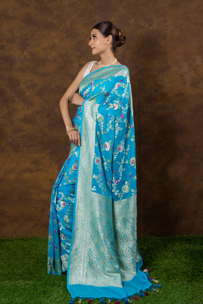 Turquoise Blue Georgette Khaddi Pure Silk Saree - Panaya 