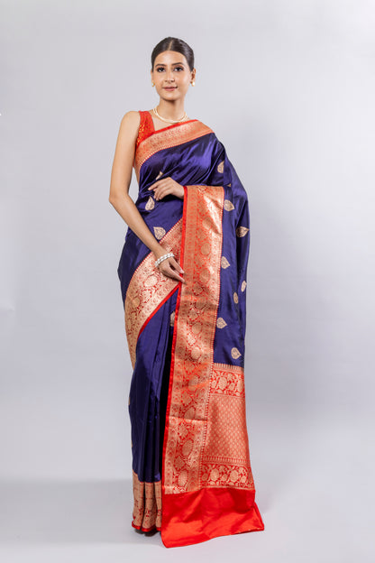 Royal Blue Handwoven Kadwa Katan Silk Saree - Panaya 