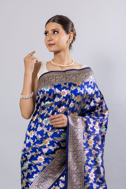 Royal Blue Handwoven Cutwork Katan Silk Saree - Panaya 