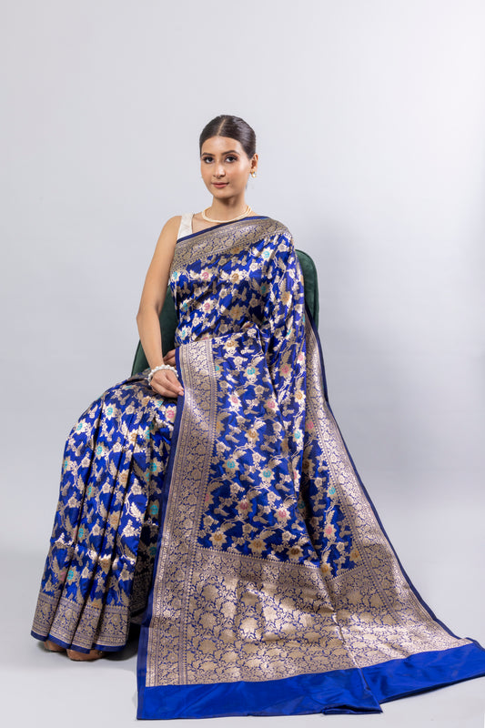 Royal Blue Handwoven Cutwork Katan Silk Saree - Panaya 
