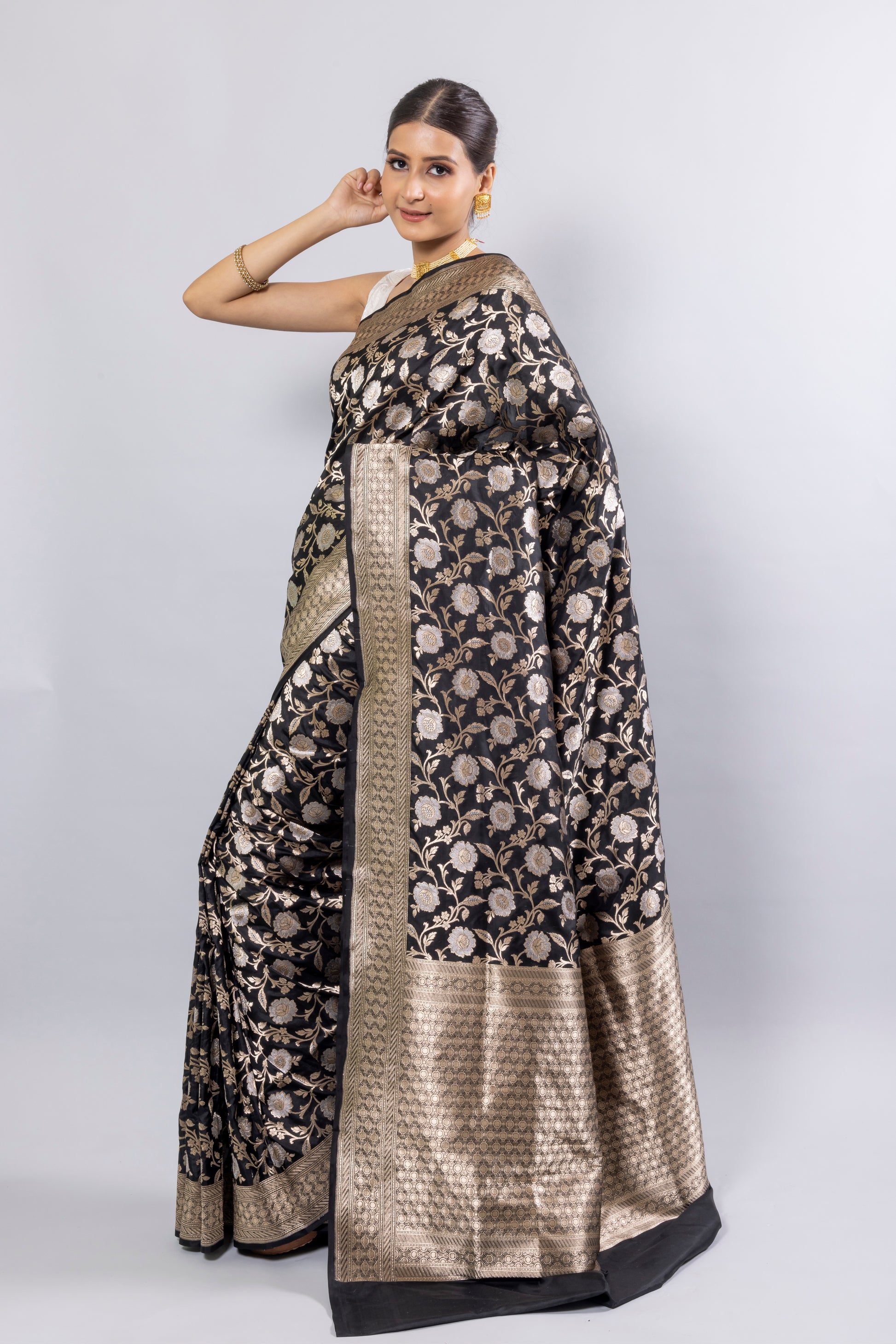 Black Handwoven Cutwork Katan Silk Saree