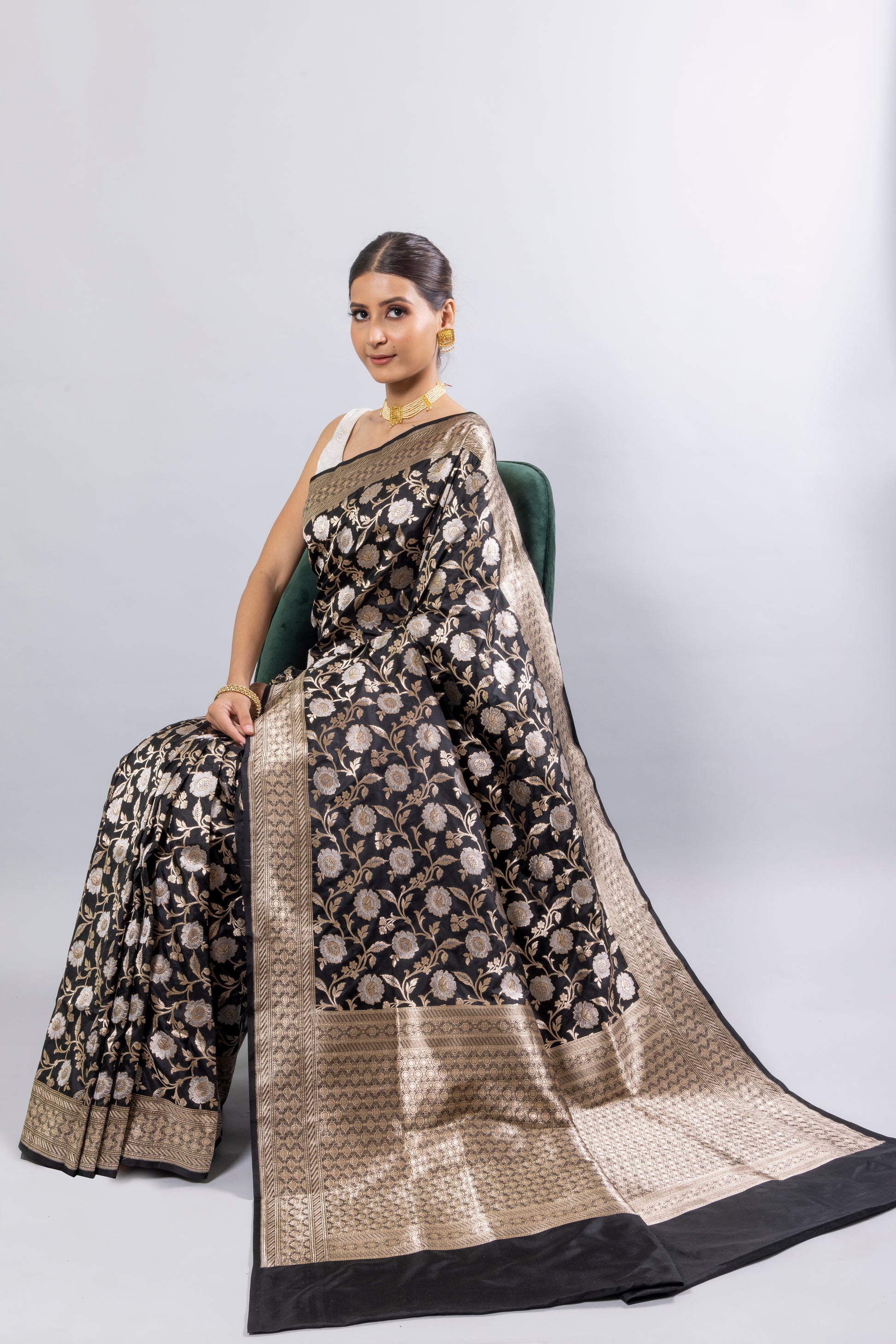 Black Handwoven Cutwork Katan Silk Saree