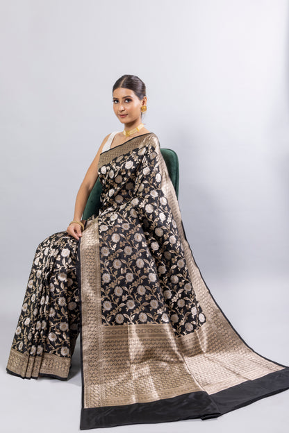 Black Handwoven Cutwork Katan Silk Saree - Panaya 