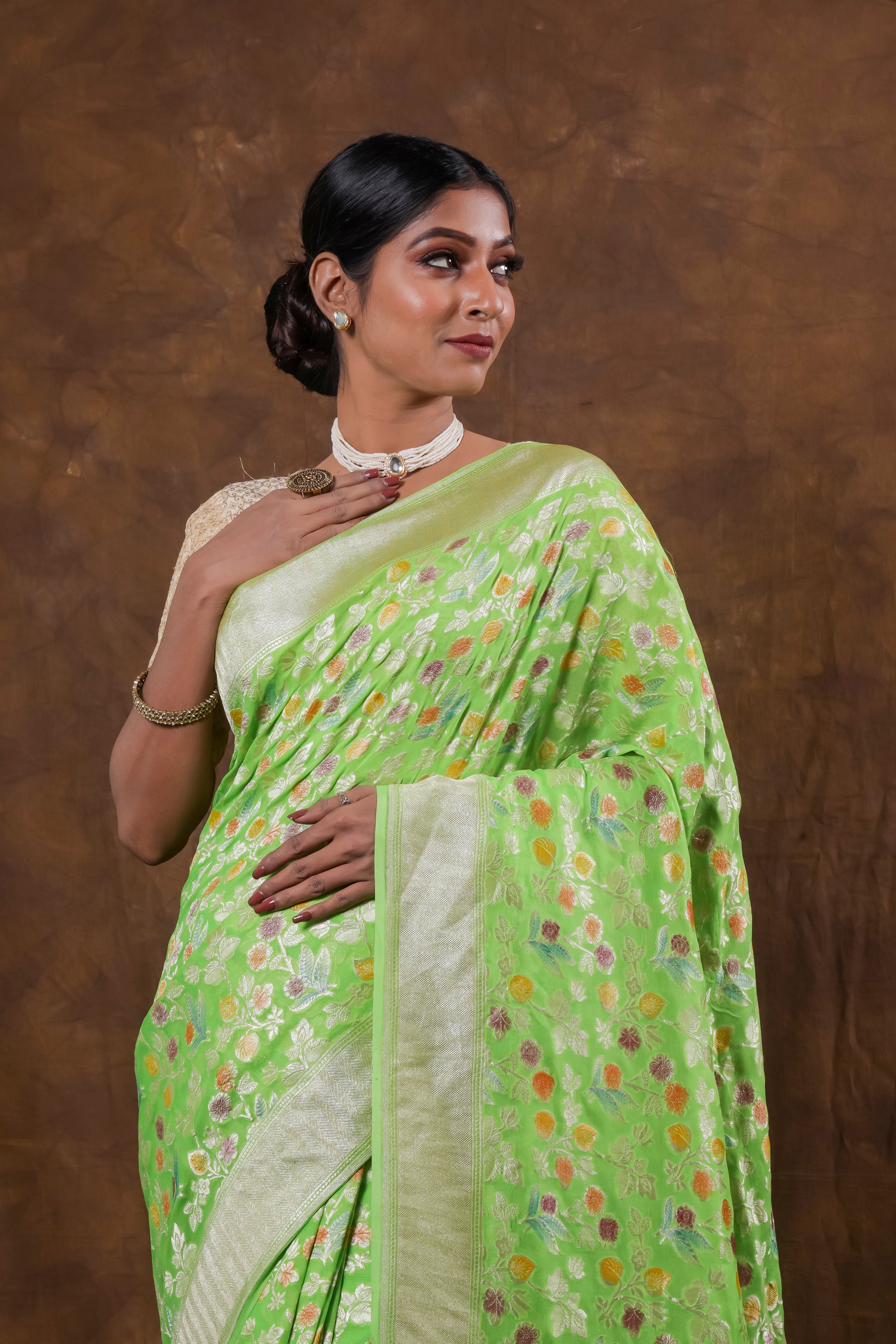 Light Green Georgette Khaddi Pure Silk Saree