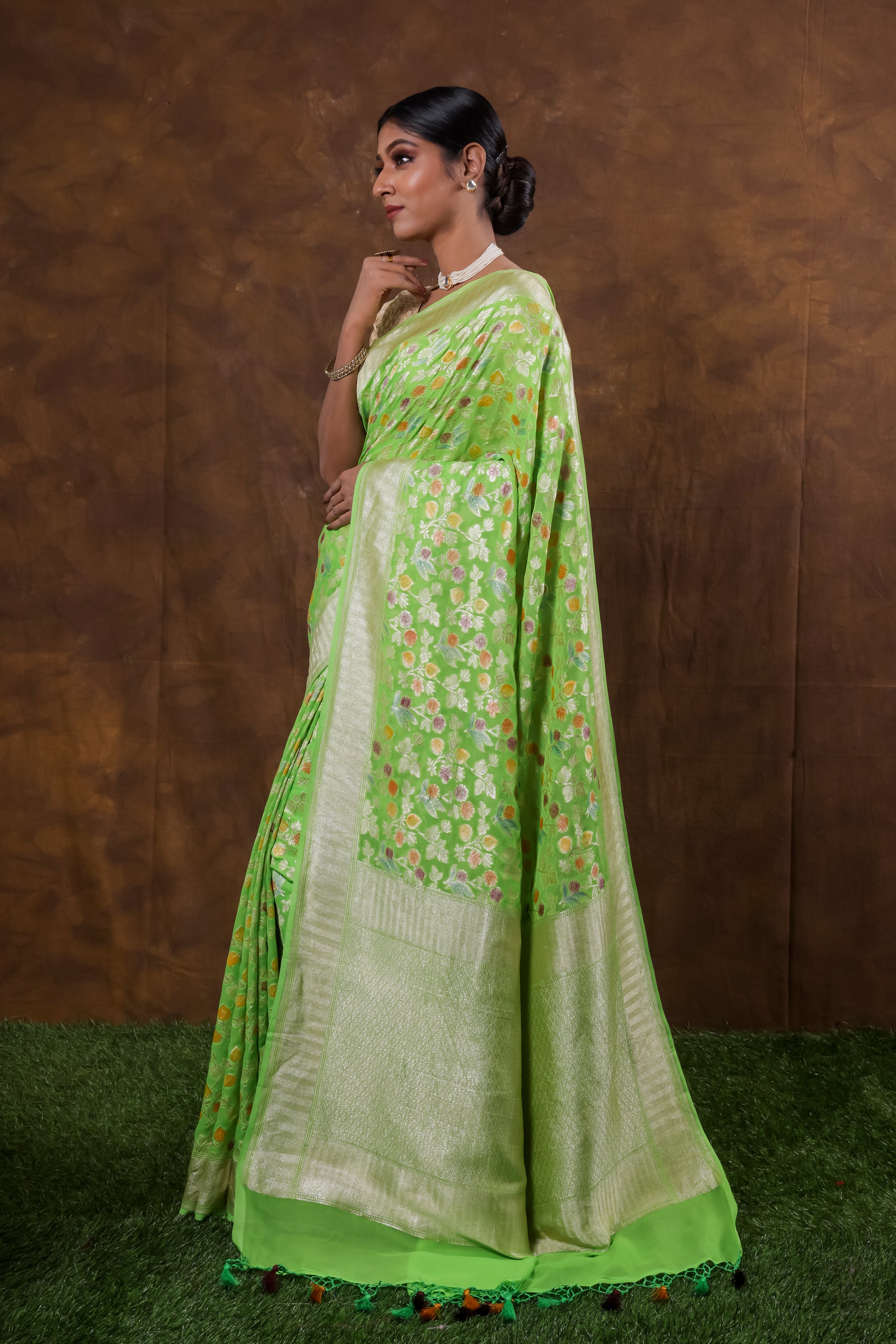 Light Green Georgette Khaddi Pure Silk Saree