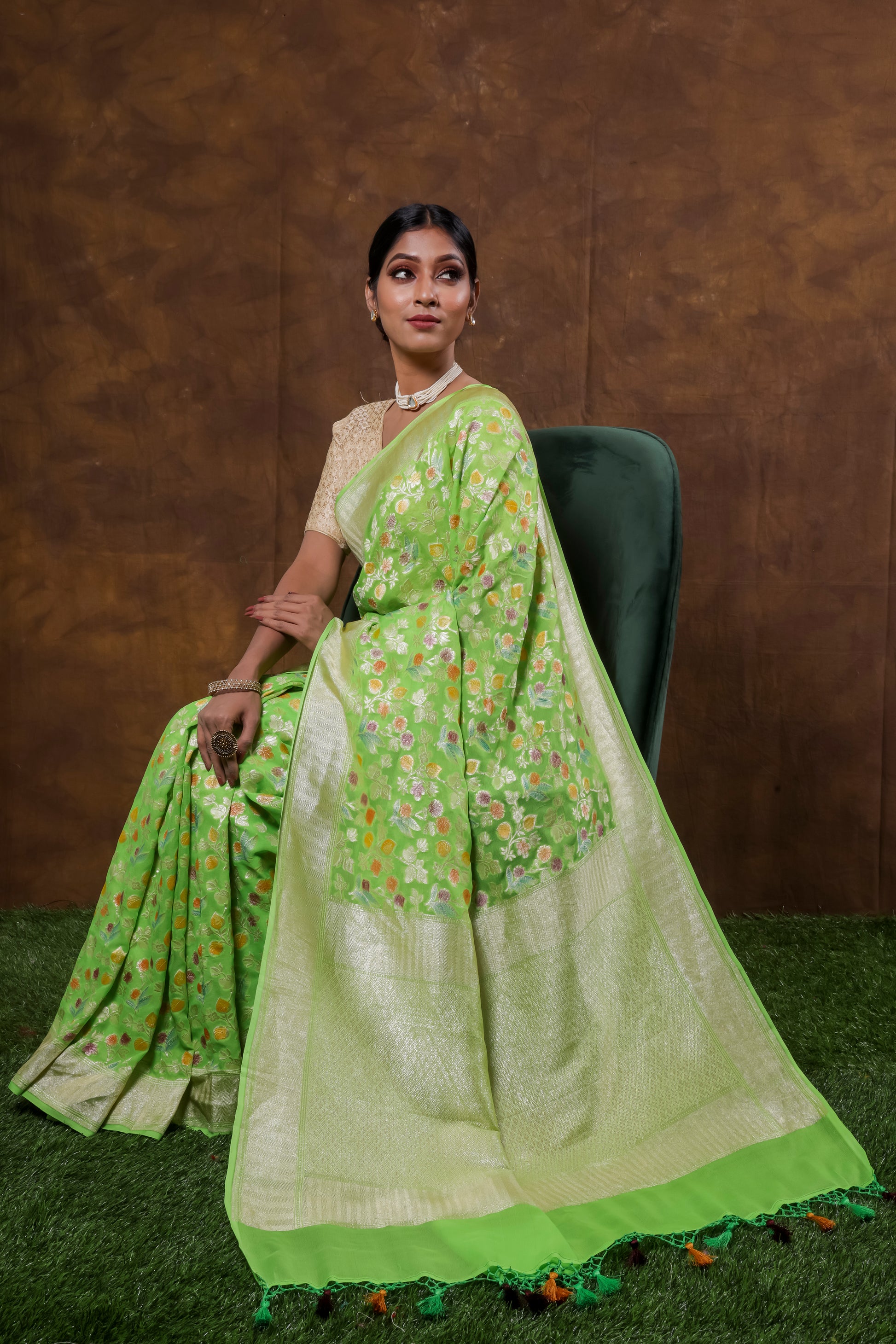 Light Green Georgette Khaddi Pure Silk Saree