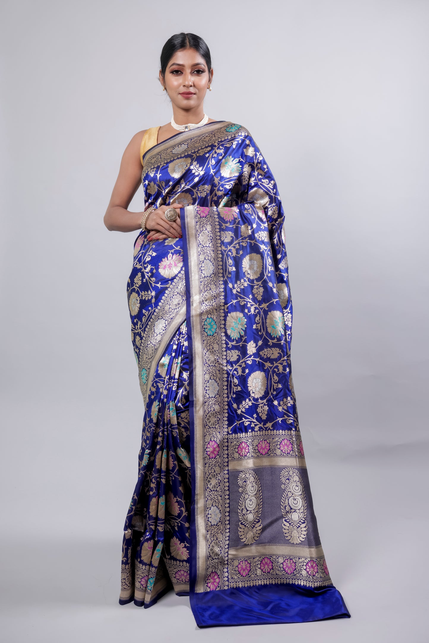 Royal Blue Handwoven Cutwork Katan Silk Saree - Panaya 