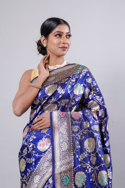 Royal Blue Handwoven Cutwork Katan Silk Saree - Panaya 