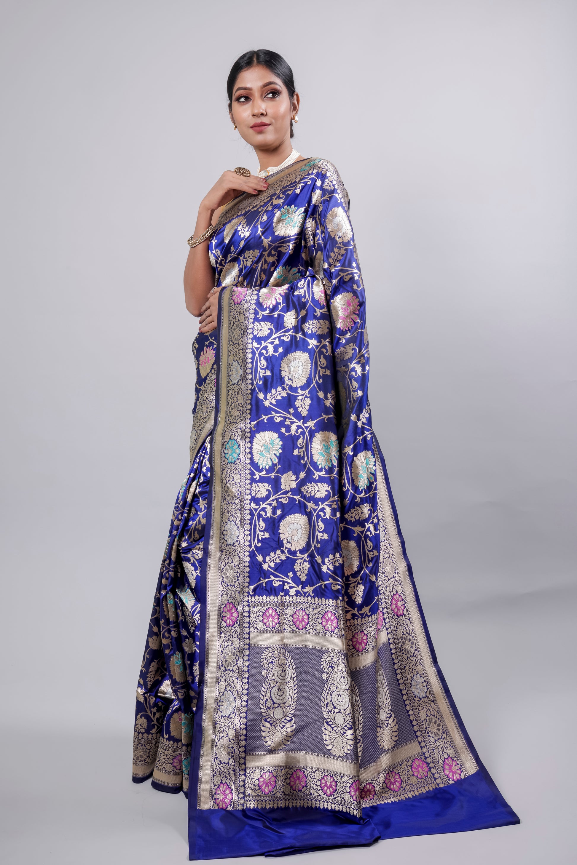 Royal Blue Handwoven Cutwork Katan Silk Saree