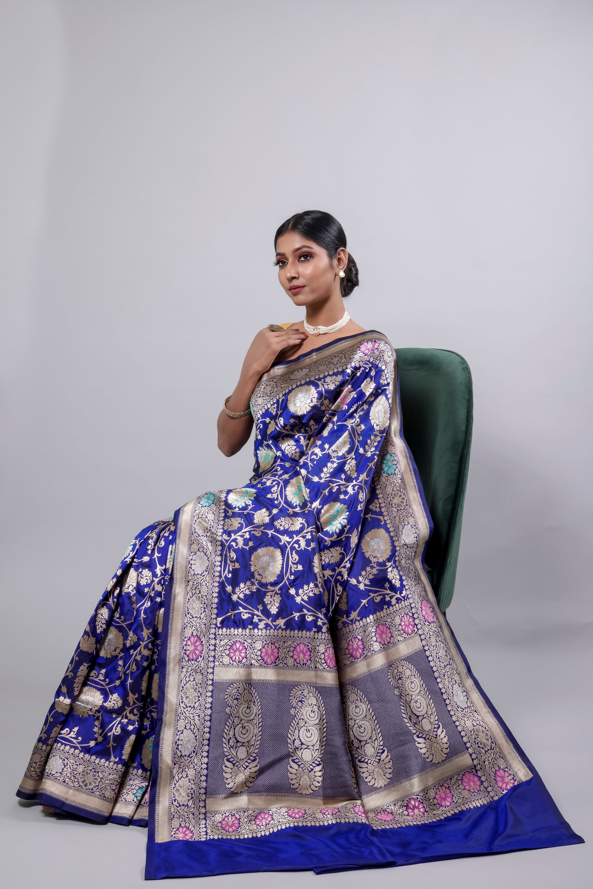 Royal Blue Handwoven Cutwork Katan Silk Saree