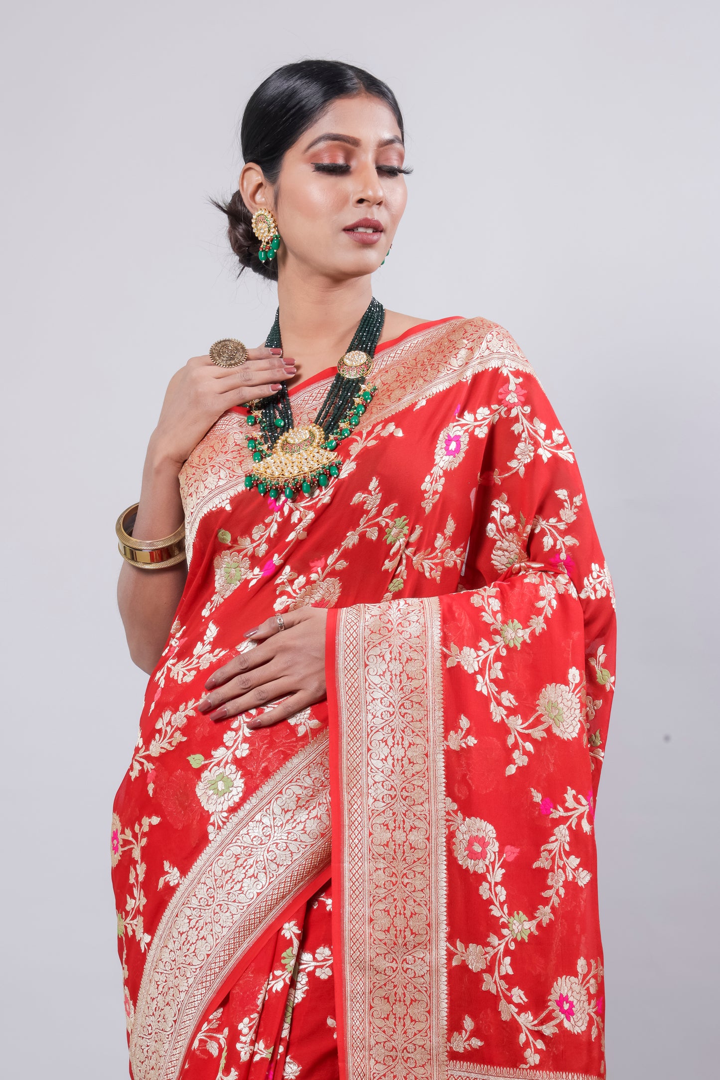 Red Georgette Khaddi Pure Silk Saree - Panaya 