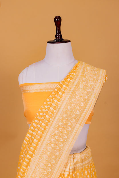 Yellow Banarasi Cotton Cutwork Saree