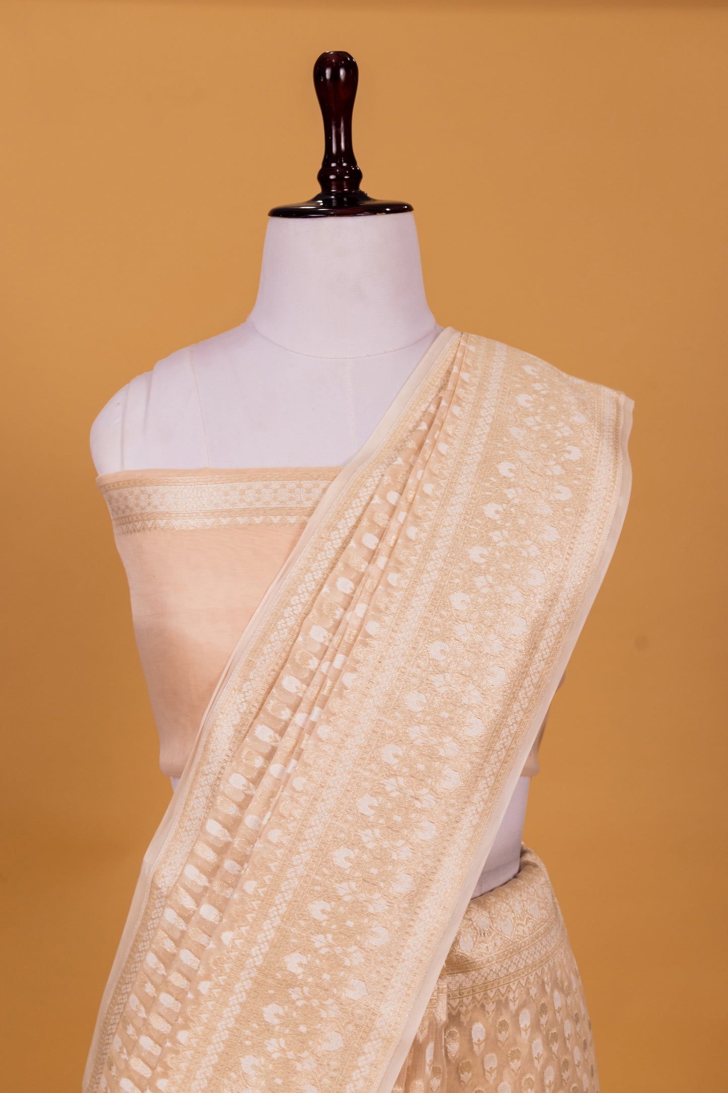 Beige Banarasi Cotton Cutwork Saree