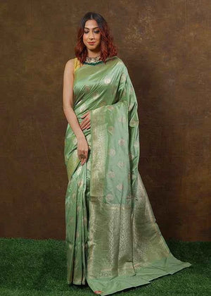 Pista Green Katan Silk Saree — Kadwa Boota