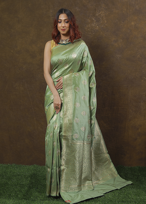 Pista Green Katan Silk Saree — Kadwa Boota