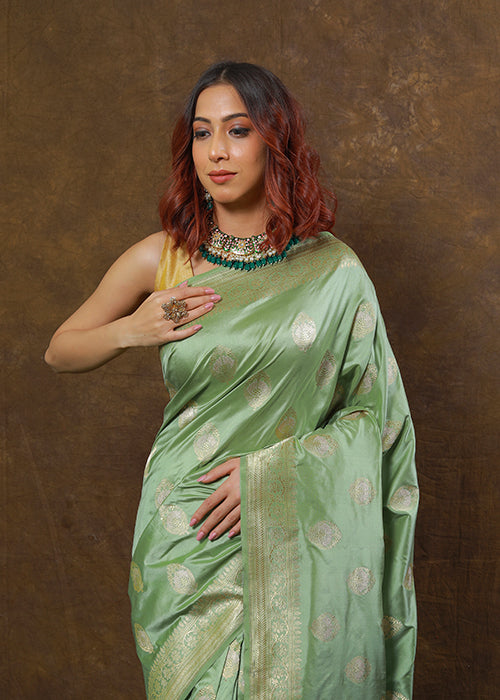 Pista Green Katan Silk Saree — Kadwa Boota