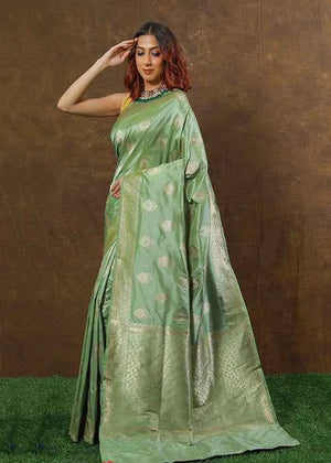 Pista Green Katan Silk Saree — Kadwa Boota