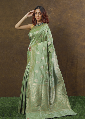 Pista Green Katan Silk Saree — Kadwa Boota