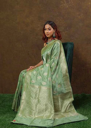 Pista Green Katan Silk Saree — Kadwa Boota