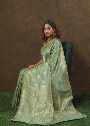 Pista Green Katan Silk Saree — Kadwa Boota