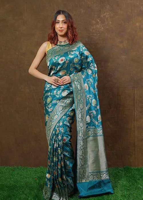 Light Blue Katan Silk Saree — Kadwa Meena Jaal