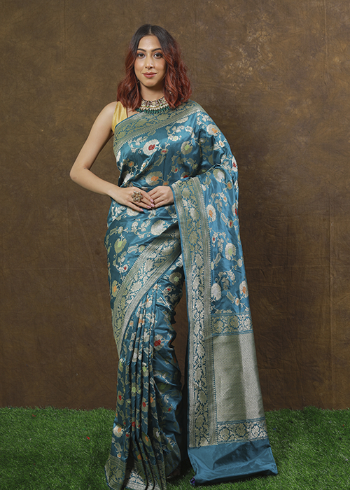 Light Blue Katan Silk Saree — Kadwa Meena Jaal