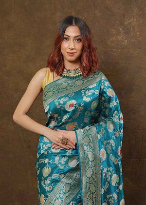Light Blue Katan Silk Saree — Kadwa Meena Jaal