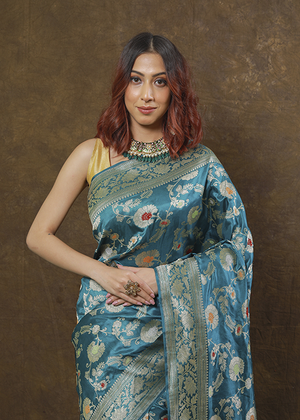 Light Blue Katan Silk Saree — Kadwa Meena Jaal
