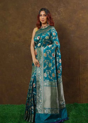 Light Blue Katan Silk Saree — Kadwa Meena Jaal
