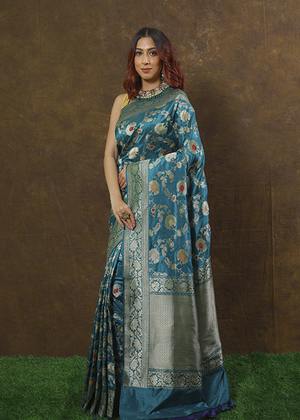 Light Blue Katan Silk Saree — Kadwa Meena Jaal