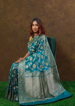 Light Blue Katan Silk Saree — Kadwa Meena Jaal