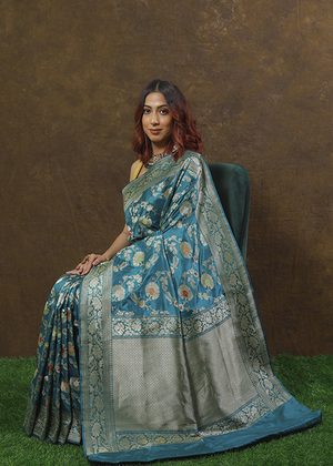 Light Blue Katan Silk Saree — Kadwa Meena Jaal