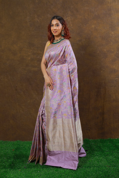 Lavender Handwoven Kadwa Katan Silk Saree - Panaya 