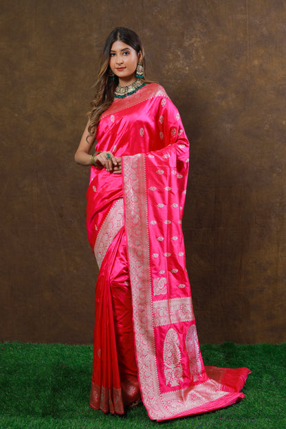 Pink Handwoven Kadwa Katan Silk Saree - Panaya 