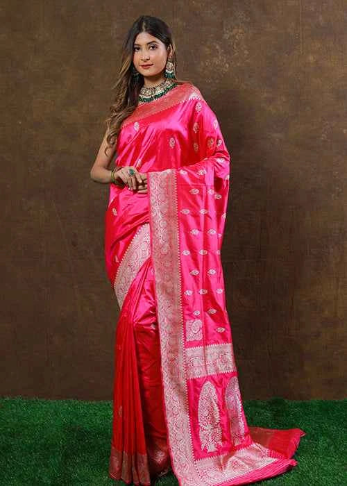 Hot Pink Katan Silk Saree — Kadwa Booti
